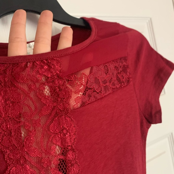 NWOT Burgundy Sheer Lace Mesh Cutout Fitted Tee - Picture 9 of 13